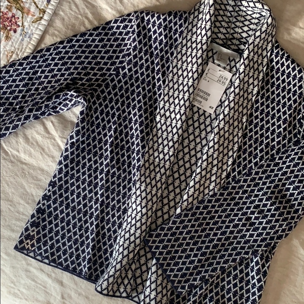 H & M Graphic Navy & White Open Cardigan US Small